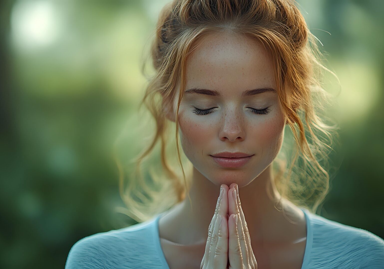 A young woman with closed eyes in a peaceful prayer pose outdoors.