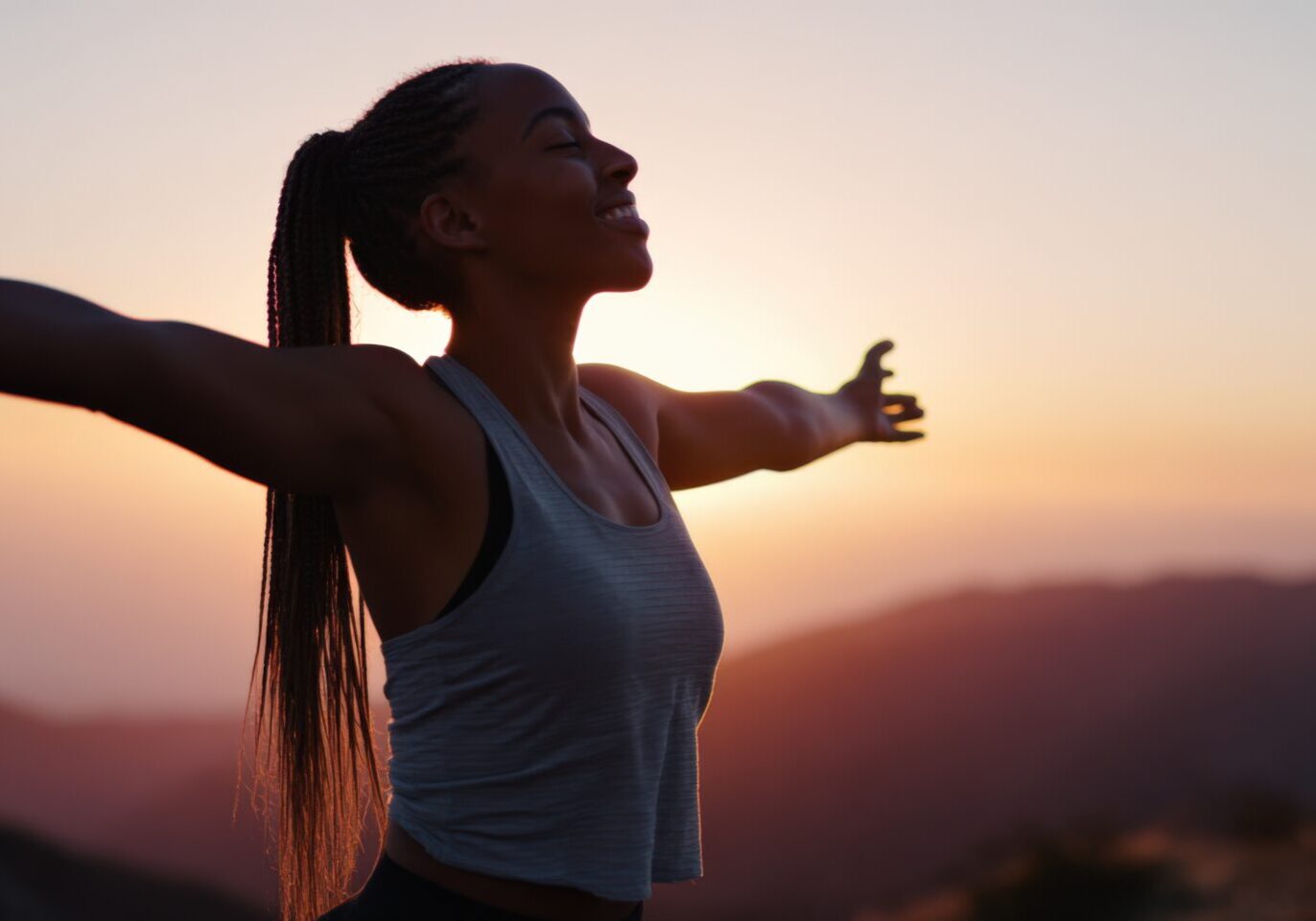 Woman enjoying a serene sunset with arms outstretched outdoors.